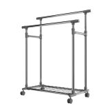 Fém ruhaállvány kerekeken 2 rúddal + polcokkal