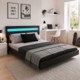 Ágykeret 140x200 cm fekete LED fejtámlával